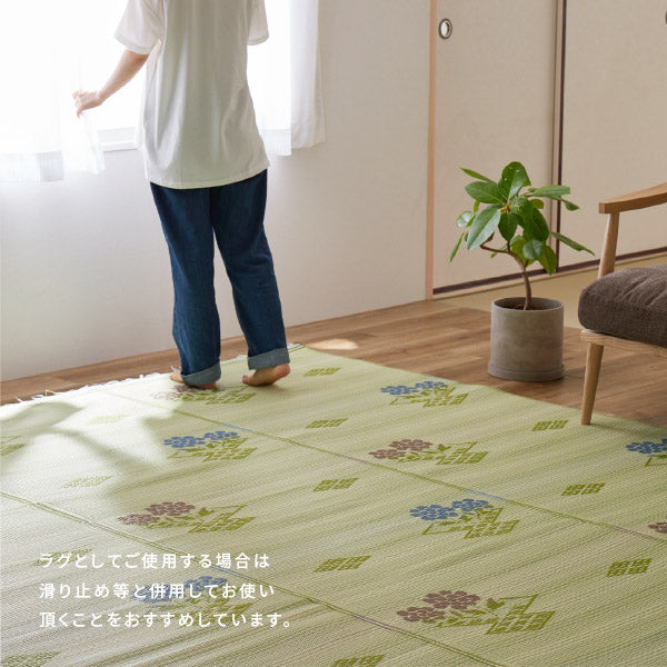ラグ ビニール風 ゴザ #110 結び 約286×382cm 【本間6畳】 6帖 い草風 花ござ 洗える カーペット ゴザ ござ 柄上敷き ペット い草風カーペット 畳の上に敷くもの 国産 掃除しやすい 長さ調節 京間 関西間 63間 六三間 畳交換 畳
