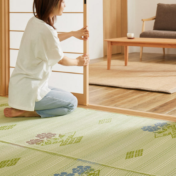 ラグ ビニール風 ゴザ #110 結び 約286×286cm 【本間4.5畳】4畳半 4畳半 4.5帖 い草風 花ござ 洗える カーペット ゴザ ござ 柄上敷き ペット い草風カーペット 畳の上に敷くもの 国産 掃除しやすい 長さ調節 京間 関西間 63