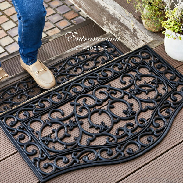 屋外玄関マット ラバーマット ドアマット CE-6099 【小】 約45×75×厚さ1cm 北欧調でおしゃれ ダマスク柄 モノトーン ポイント消化 新築 萩原