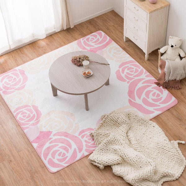 姫系でかわいい花柄ラグマット レネ2 約190×190cm 【約2.5畳】 ピンクのバラ 女の子用にぴったり! 床暖房対応 ホットカーペット対応ラグ ホットカーペットカバー 女の子 姫系 ピンクのラグ 洗濯機で洗えるラグ ウォッシャブルラグ 北欧 萩原 秋冬用