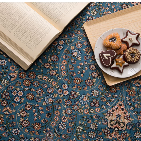 ラグ カーペット 薄手 薄い 転写プリントターコイズ プリシア パレス イビイ ブルグ 約140×200cm【約2畳】 洋風 エレガント 撥水 薄手 カーペット オールシーズン 掃除しやすい 萩原 秋冬用