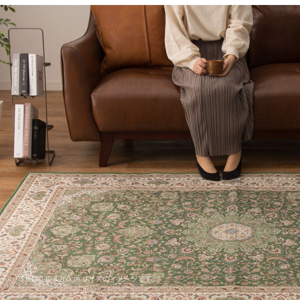 ラグ カーペット 薄手 薄い 転写プリントターコイズ プリシア パレス イビイ ブルグ 約200×290cm【約4.5畳弱】 洋風 エレガント 撥水 薄手 カーペット オールシーズン 掃除しやすい 萩原 秋冬用