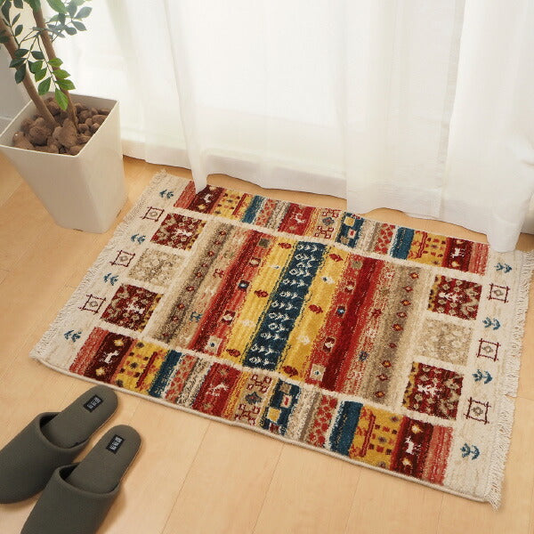 ウィルトンカーペット 玄関マット 屋内 RAKKAS ラッカス 約70×125cm ギャッベ風 ギャベ風 素朴 ネイティブ ラグマット 絨毯 おしゃれ ウィルトン織 民族柄 オールシーズン 年中 萩原