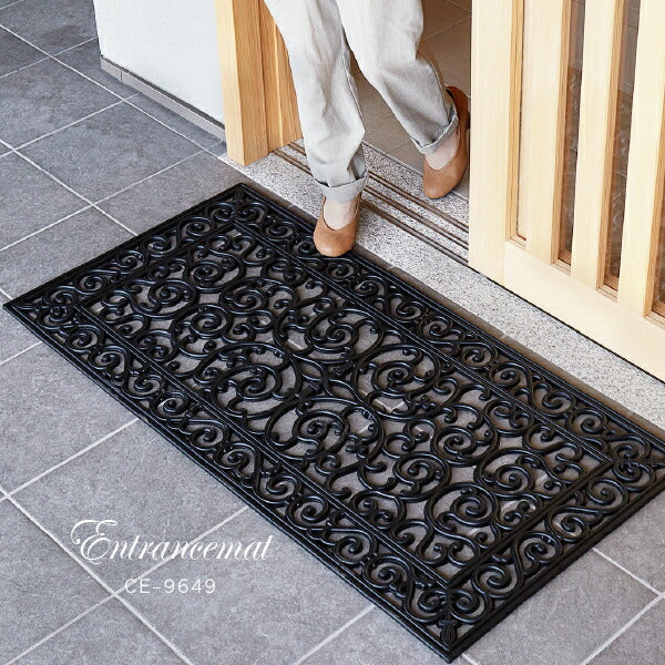 屋外玄関マット ラバーマット 約60×120×厚さ1cm CE-9649 【長方形 大判サイズ】大きいサイズ!北欧調でおしゃれなダマスク柄 ドアマット 萩原
