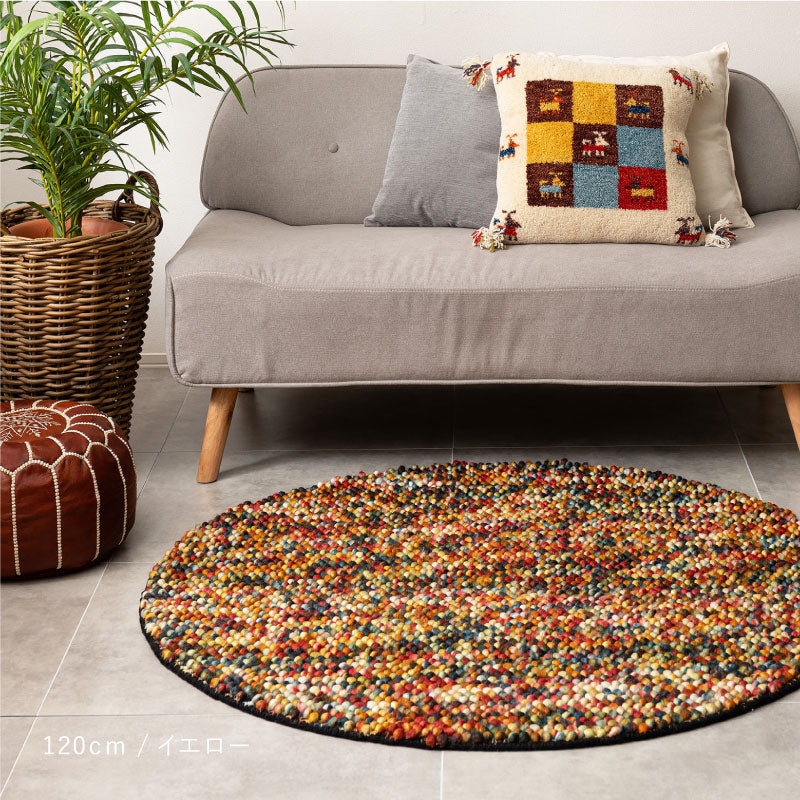 ウール100% 職人の手織りウールマット ポコポコ 【約90cm〜120cm円形】 丸型 マット 床暖房対応 おしゃれ 春夏秋冬用 オールシーズン ラグ マット アクセントマット カーペット 羊毛 ハンドメイド