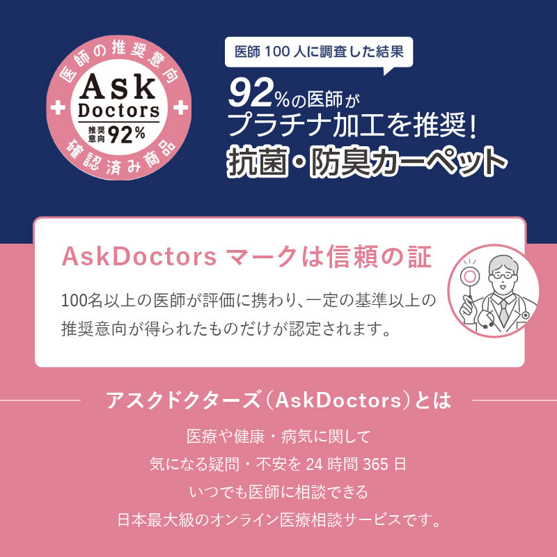 お医者さんがすすめる アスクドクターズ AskDoctors 抗菌プラチナ加工のカーペット 約88×176cm〜【江戸間1畳〜8畳】抗菌 防臭 防カビ 抗ウイルス 加工 タフトカーペット 敷き詰めカーペット 毛足短め 無地 ラグマット おしゃれ 絨毯 ラグ オールシーズン 年中