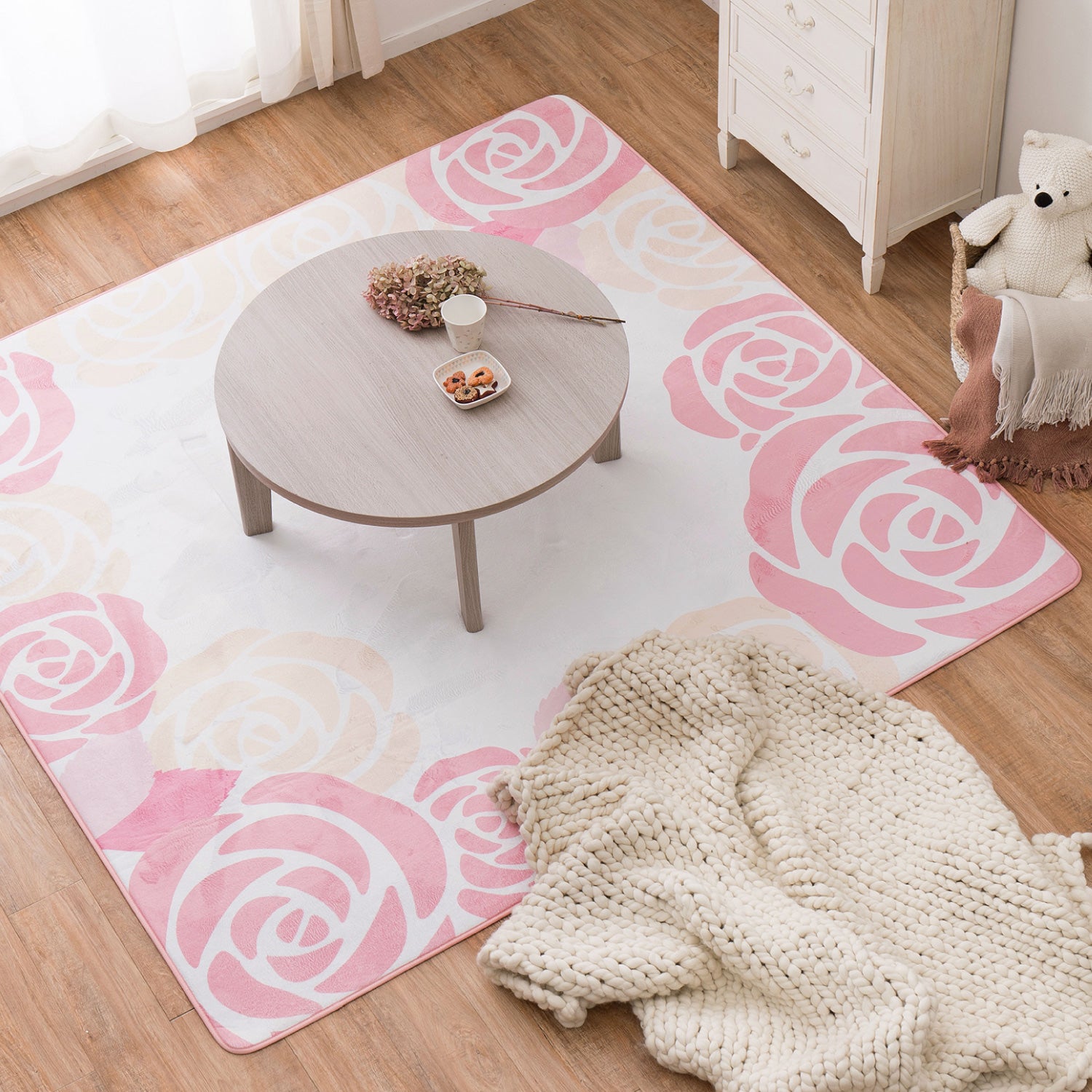 姫系でかわいい花柄ラグマット 約190×190cm 【約2.5畳】 女の子