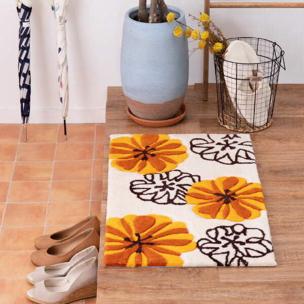 洗える玄関マット マリア 約70×120cm マット 花柄 アクセントマット 室内 屋内 ベッドサイドマット オレンジの花 厚手 エントランスマット 萩原