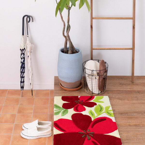 洗える玄関マット アベル 約50×80cm マット 花柄 アクセントマット 室内 屋内 赤い花 厚手 エントランスマット 萩原