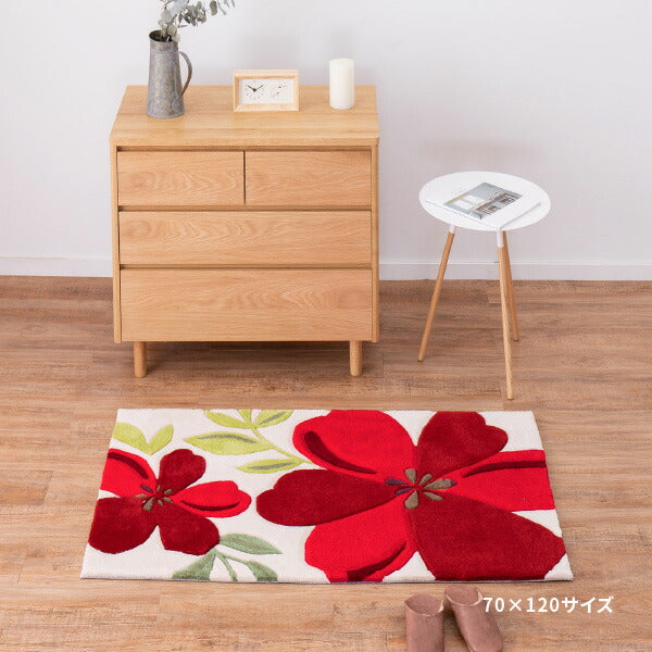 洗える玄関マット アベル 約70×120cm マット 花柄 アクセントマット 室内 屋内 ベッドサイドマット 赤い花 厚手 エントランスマット 萩原