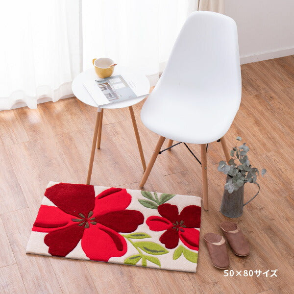 洗える玄関マット アベル 約50×80cm マット 花柄 アクセントマット 室内 屋内 赤い花 厚手 エントランスマット 萩原