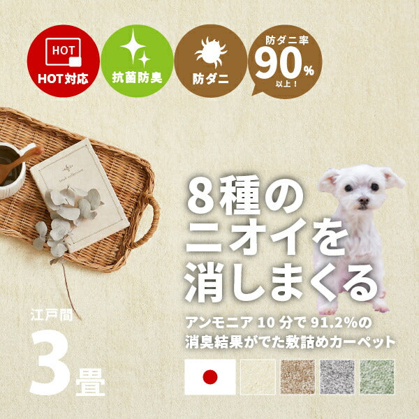 カーペット ペット 8大 消臭 敷き詰め ラグ 絨毯 リクリア 約176×261cm【江戸間3畳】 3帖 アース 防ダニ 抗菌 防臭 タフト 犬 いぬ 猫 ねこ ネコ かわいい ふわふわ 無地 日本製 子ども 子供部屋 おしゃれ ラグマット オールシーズン 掃除しやすい 萩原 秋冬用