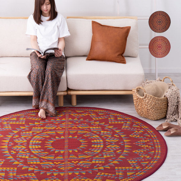 い草ラグ アステカ 約180cm丸【約2畳】 丸型 円型 室内アウトドア ネイティブ柄 オルテガ柄 アステカ柄 民族柄 センターラグ おうちアウトドア BOHO ボーホースタイル ボーホーインテリア おしゃれキャンプ アウトドア 室内キャンプ 井草 イグ