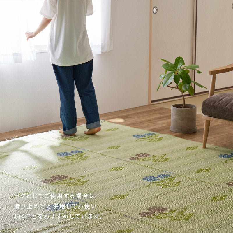 [五八間/本間][1～10畳] 洗えるい草風カーペット ビニール風 柄上敷き 和風テイスト柄 花柄 日本製 ＃110 結び