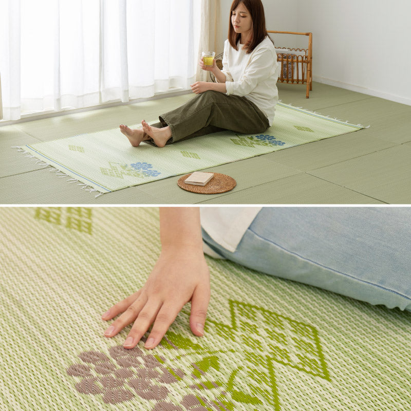 [五八間/本間][1～10畳] 洗えるい草風カーペット ビニール風 柄上敷き 和風テイスト柄 花柄 日本製 ＃110 結び