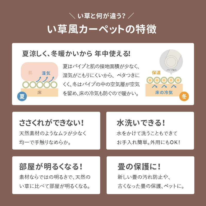 ラグ ビニール風 ゴザ ライアン 【1畳･2畳･3畳･4畳･4.5畳･6畳･8畳･10畳･12.5畳･15畳】【江戸間･本間･団地間･三六間】上敷き 畳交換 畳替え 表替え 花ござ 洗える 無地 カーペット ござ ペット い草風カーペット 畳の上に敷くもの 国産