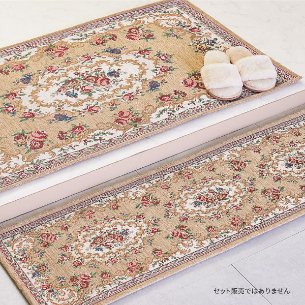 萩原 玄関マット 室内 ベージュ 約68×120cm  ゴブラン織 アクセントマ 玄関マット室内 花柄 ゴブラン織 ゴブランザイン 約68×120cm