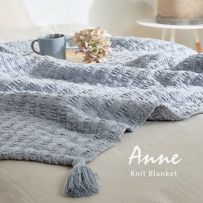 【新商品】洗える ニットブランケット クッションカバー付き タッセル付き アンネ