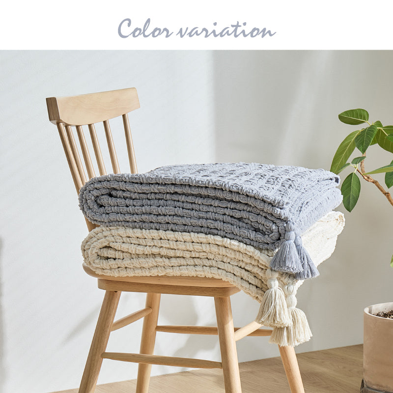 【新商品】洗える ニットブランケット クッションカバー付き タッセル付き アンネ