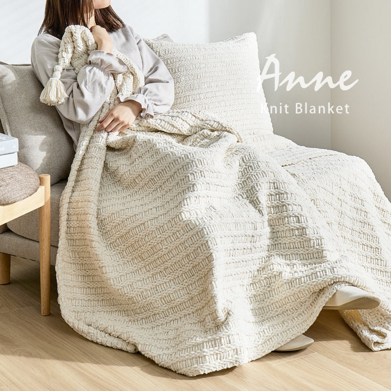 【新商品】洗える ニットブランケット クッションカバー付き タッセル付き アンネ