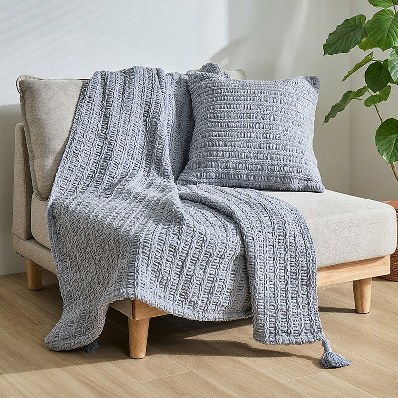【新商品】洗える ニットブランケット クッションカバー付き タッセル付き アンネ