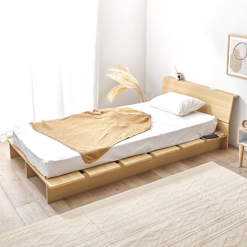 [シングル/セミダブル] 木目調ステージベッド 宮棚コンセント付き（フレーム単品orマットレスセット）