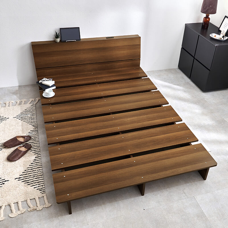 [シングル/セミダブル] 木目調ステージベッド 宮棚コンセント付き（フレーム単品orマットレスセット）