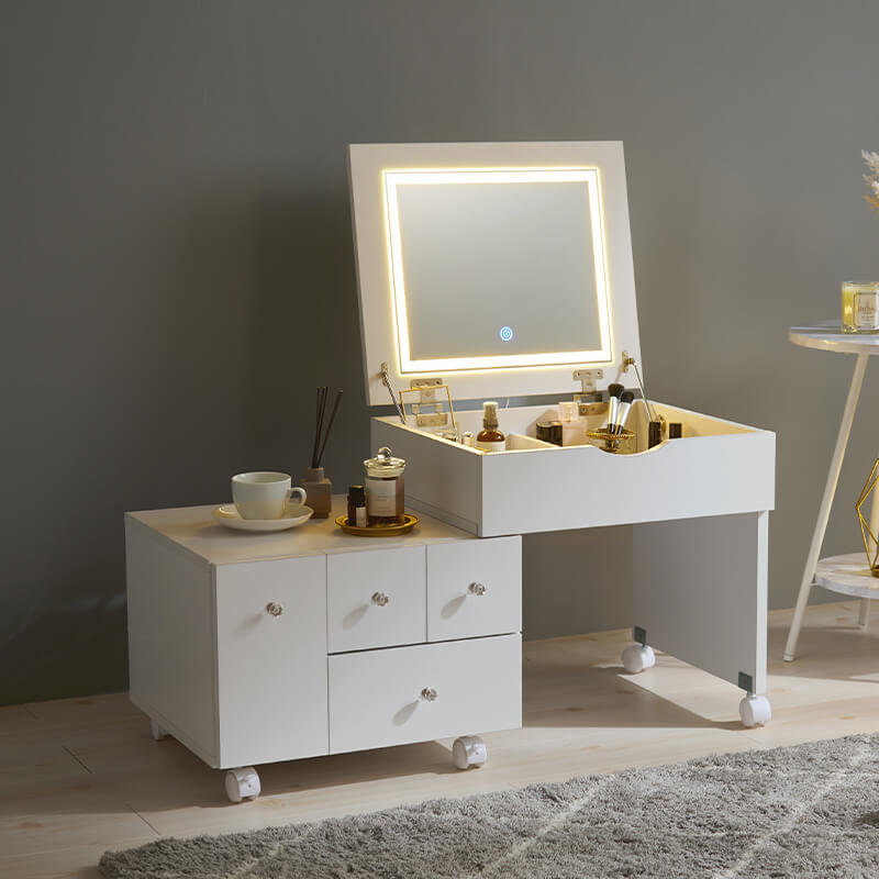 [幅48-86] 伸縮式ドレッサーテーブル LEDライトつき 半完成品