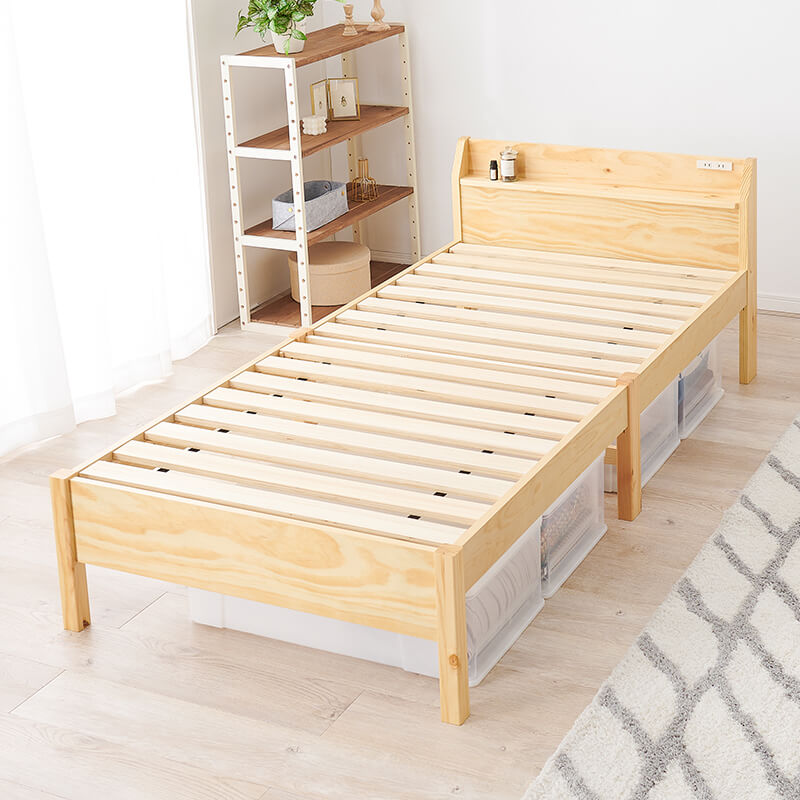 [シングル] 3分で組立できるすのこベッド 宮棚付きタイプ コンセント付き NEJILESS（フレーム単品）