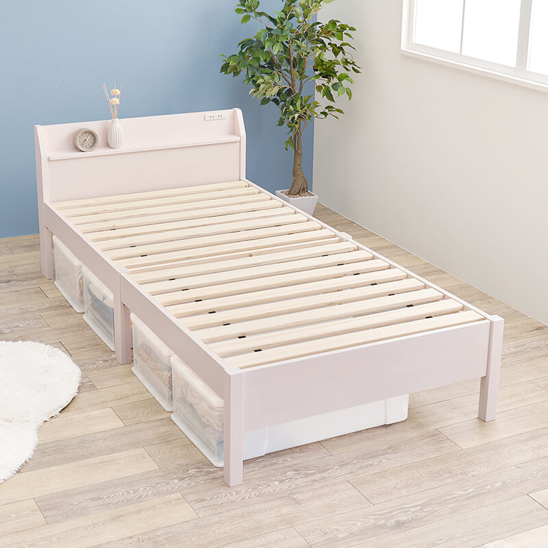 [シングル] 3分で組立できるすのこベッド 宮棚付きタイプ コンセント付き NEJILESS（フレーム単品）