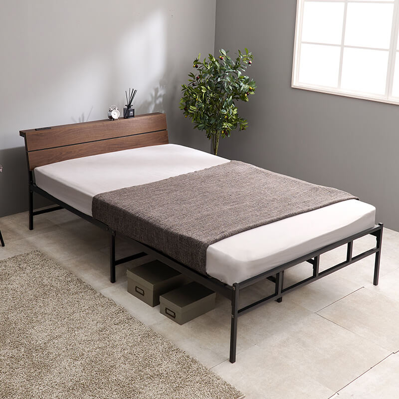 頑丈パイプベッド 木目調ヘッドボード コンセント付き（フレーム単品or