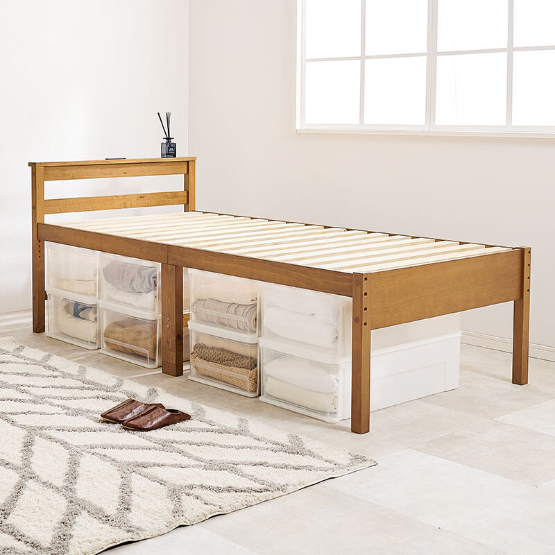 [シングル] すのこベッド 高さ調整3段階 コンセント付き ハイタイプ LOG（フレーム単品）