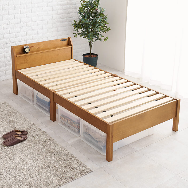 [シングル] 3分で組立できるすのこベッド 宮棚付きタイプ コンセント付き NEJILESS（フレーム単品）