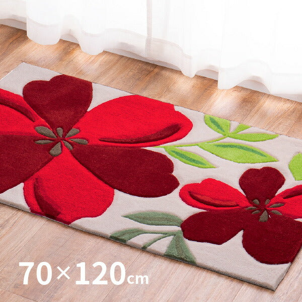 洗える玄関マット アベル 約70×120cm マット 花柄 アクセントマット 室内 屋内 ベッドサイドマット 赤い花 厚手 エントランスマット 萩原