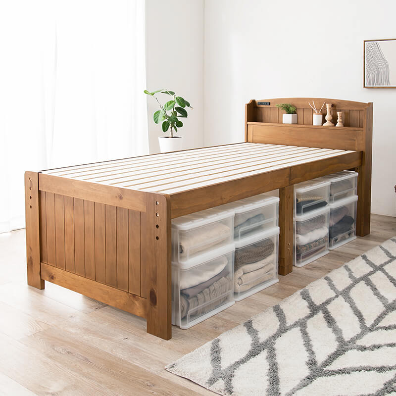 [S/SD]カントリー調すのこベッド 高さ調節3段階 宮棚コンセント付き ハイタイプ POLKU（フレーム単品orマットレスセット）