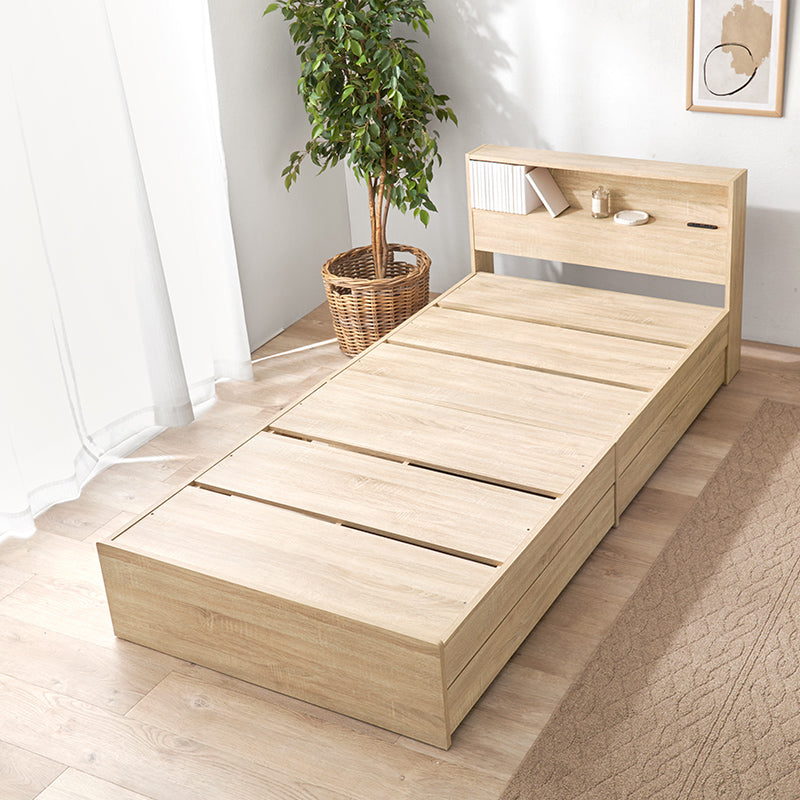 [シングル] 木目調ベッド 引き出し付き 宮棚コンセント付き