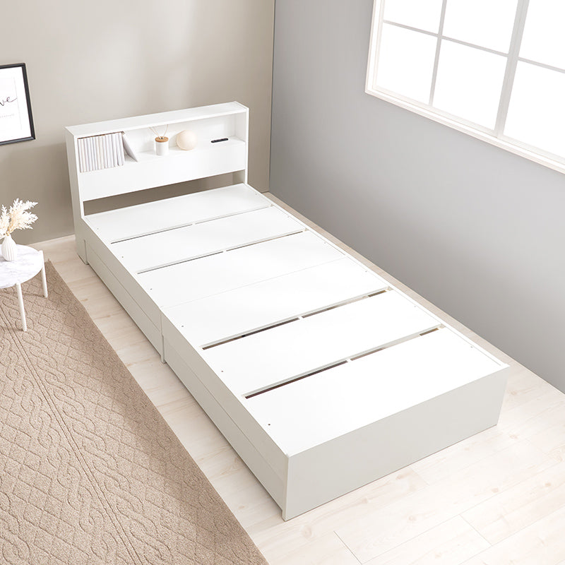 [シングル] 木目調ベッド 引き出し付き 宮棚コンセント付き