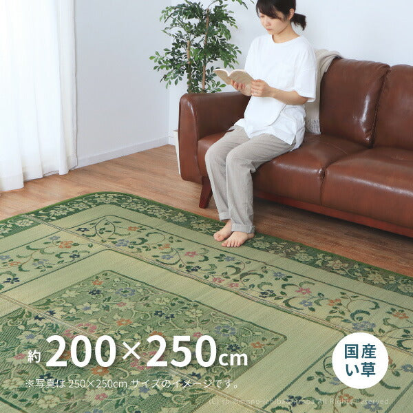 花柄 国産い草ラグ エンペラー 約200×250cm 【約3畳】3帖 【長方形】 カーペット い草カーペット 国産ラグ ござ グリーン 花柄 井草 イグサ いぐさ 年中 萩原 春夏秋冬 涼しい ひんやり