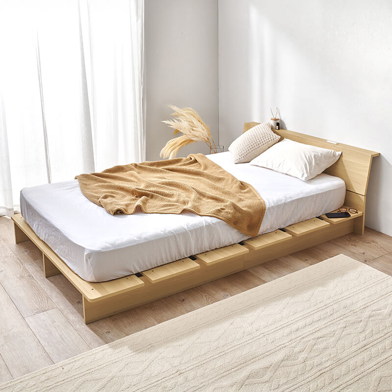 [シングル/セミダブル] 木目調ステージベッド 宮棚コンセント付き（フレーム単品orマットレスセット）