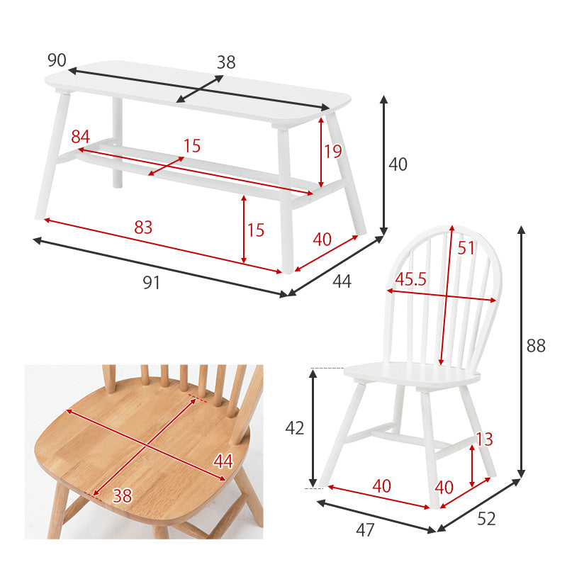 角型ウィンザーダイニング4点セット 幅120cm Aタイプ【Emma】エマ(ダイニングテーブル セット ダイニングテーブルセット 4人 ダイニングセット ダイニングテーブル 白 テーブル ベンチ おしゃれ 四角 角 ダイニング ダイニングチェア ウィンザーチェア)