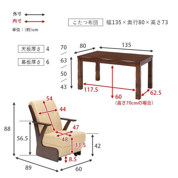 4段階の高さ調節が可能なダイニングこたつ6点セット 135×80cm【山城】ヤマシロ(こたつ セット 長方形 コタツセット こたつ布団セット こたつ布団 ダイニング 手元コントローラー 4人掛け ナチュラル おしゃれ 食卓 テレワーク ヒーター ファミリー向け)