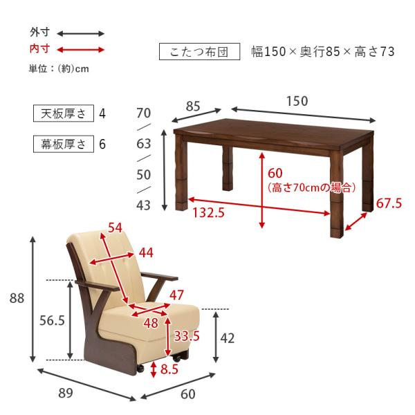 4段階の高さ調節が可能なダイニングこたつ6点セット 150×85cm【山城】ヤマシロ(こたつ セット 長方形 コタツセット こたつ布団セット こたつ布団 ダイニング 手元コントローラー 4人掛け ナチュラル おしゃれ 食卓 テレワーク ヒーター ファミリー向け)