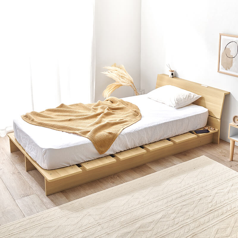 木目調ステージベッド 宮棚コンセント付き（フレーム単品orマットレス