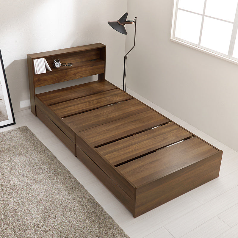 [シングル] 木目調ベッド 引き出し付き 宮棚コンセント付き