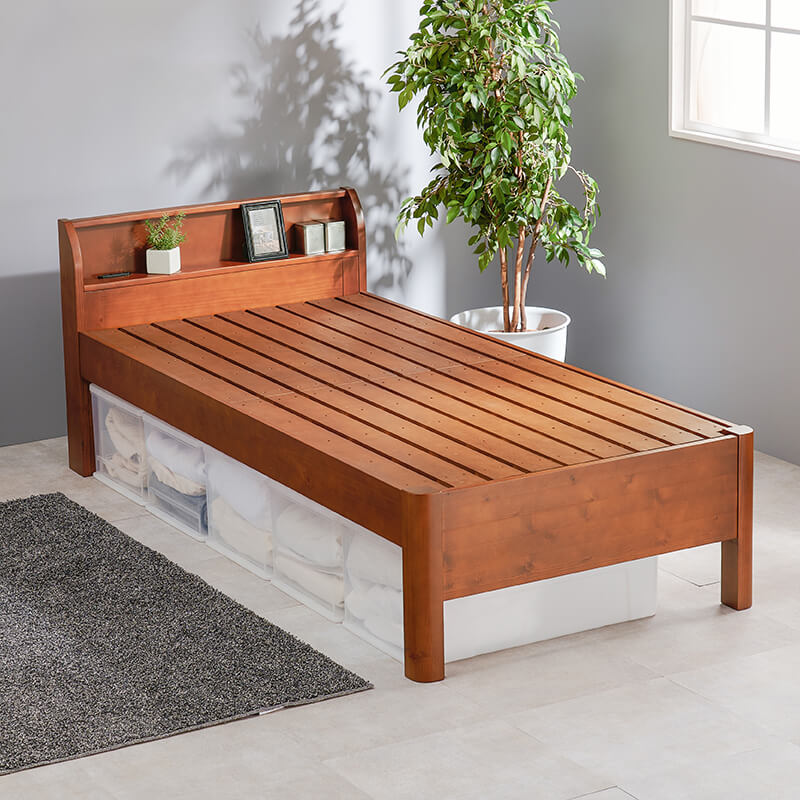 [シングル] 3分で組立できるすのこベッド 宮棚付きタイプ コンセント付き 頑丈 高さ調節3段階 NEJILESS PREMIUM（フレーム単品orマットレスセット）