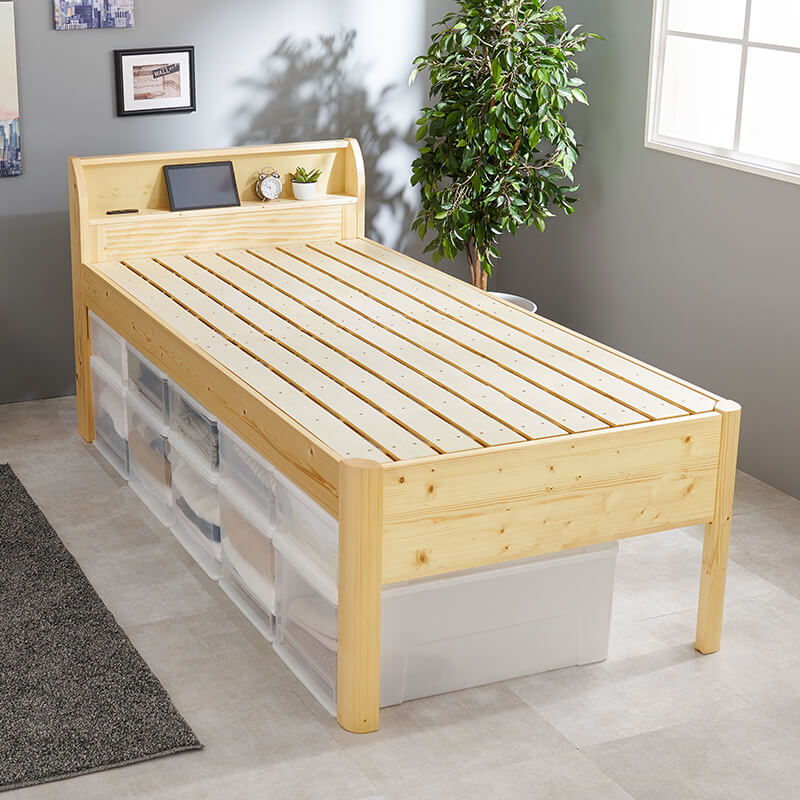 [シングル] 3分で組立できるすのこベッド 宮棚付きタイプ ミドル コンセント付き 頑丈 高さ調節3段階 NEJILESS PREMIUM（フレーム単品orマットレスセット）