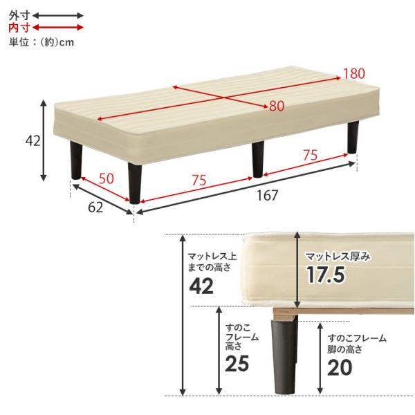 脚付きマットレス セミシングルショート【ボンネルコイル】（マットレス 脚付き ベッド 足付き 脚付マット 脚付きマットレスベッド 脚付きベッド ボンネルコイルマットレス ショート丈 子供 ベッド 一体型 コンパクト おしゃれ 組立 簡単）