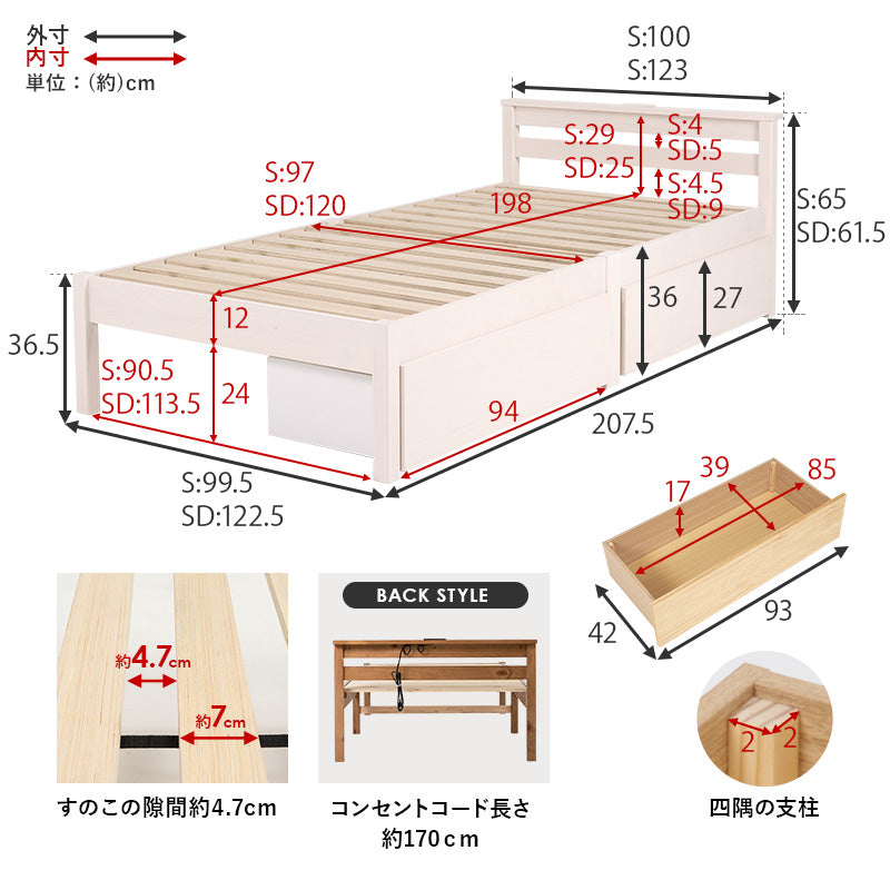 ＜約3分で組立完了＞工具不要＆ネジ無しベッド【NEJILESS】ネジレス(すのこベッド コンセント付き耐荷重200kg 簡単組立 ベッドフレームのみ ベッド すのこベット 宮棚付き 引出 引出し付き 収納 北欧 白 木製 シングル セミダブル マットレス)