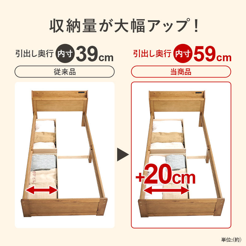 引き出し付き すのこベッド シングル 耐荷重350kg（収納付き シングル 頑丈 ベッド 宮付き コンセント付き ベッドフレーム マットレスセット 宮棚 木製 天然木 おしゃれ 北欧 シンプル 一人暮らし）