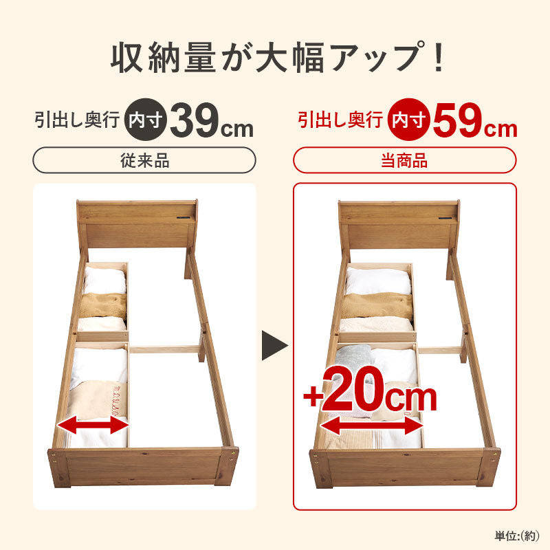 引き出し付き すのこベッド シングル ロングサイズ 耐荷重350kg（収納付き シングル 頑丈 ベッド 宮付き コンセント付き ベッドフレーム マットレスセット 宮棚 木製 天然木 おしゃれ 北欧 シンプル 一人暮らし）